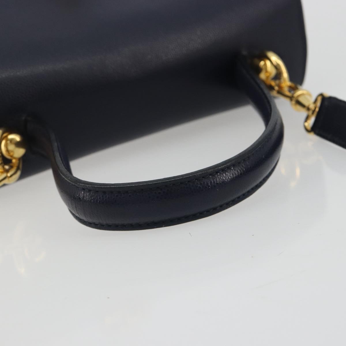 CELINE Hand Bag Leather 2way Navy Gold Auth 196242A