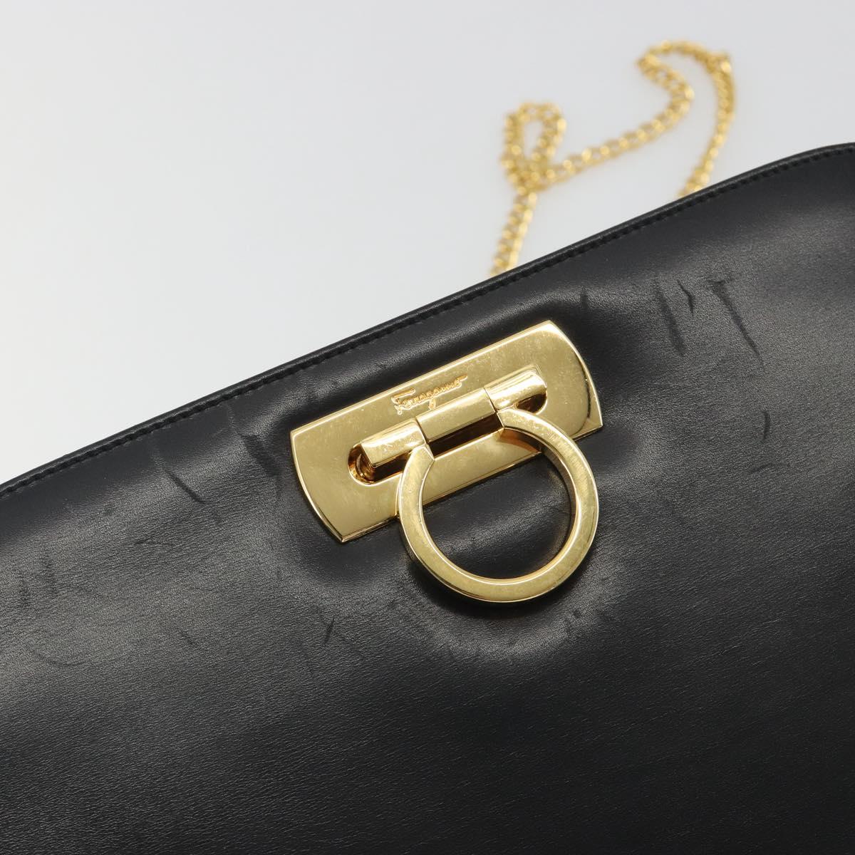 Salvatore Ferragamo Gancini Chain Shoulder Bag Leather Black Gold Auth 196249