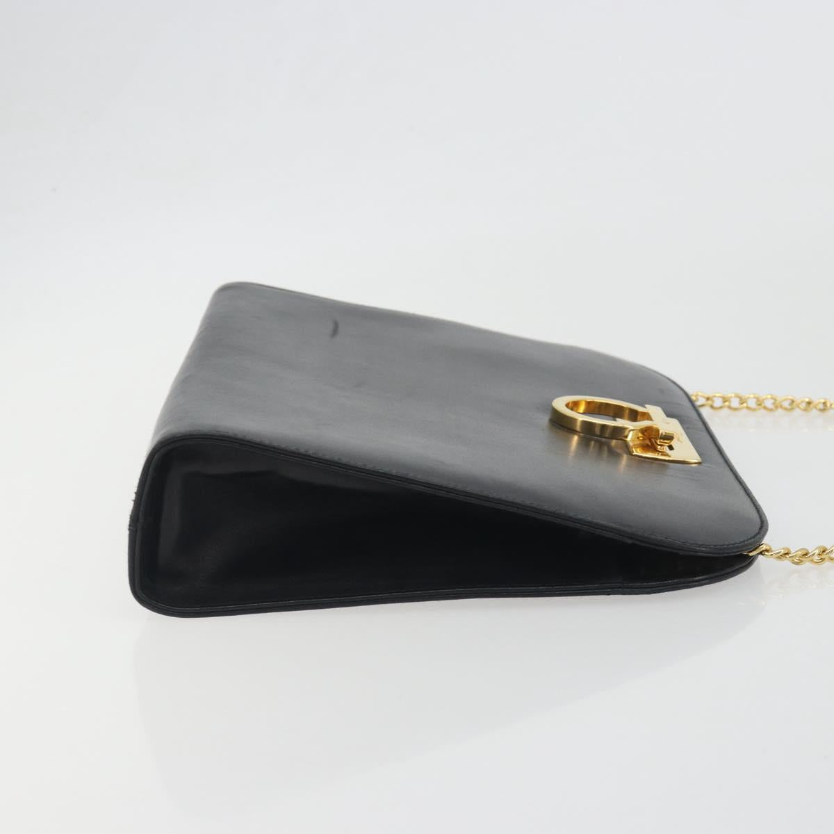 Salvatore Ferragamo Gancini Chain Shoulder Bag Leather Black Gold Auth 196249