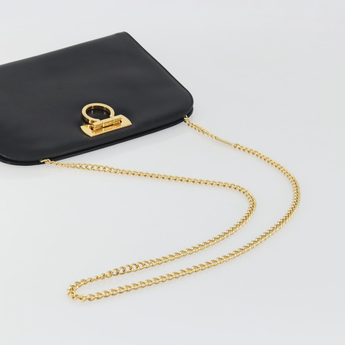 Salvatore Ferragamo Gancini Chain Shoulder Bag Leather Black Gold Auth 196249