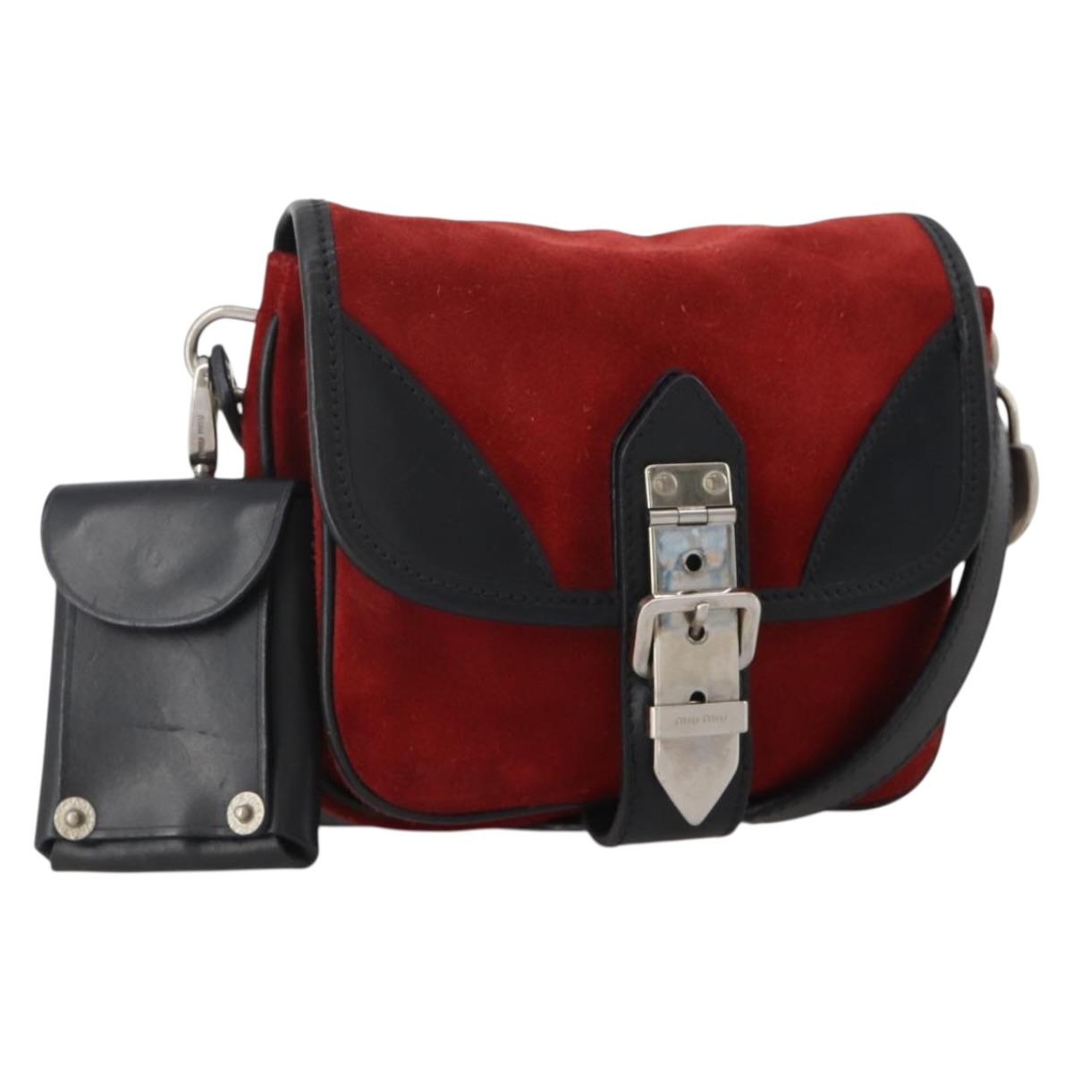 Miu Miu Shoulder Bag Suede Leather Red Black Auth 196252A