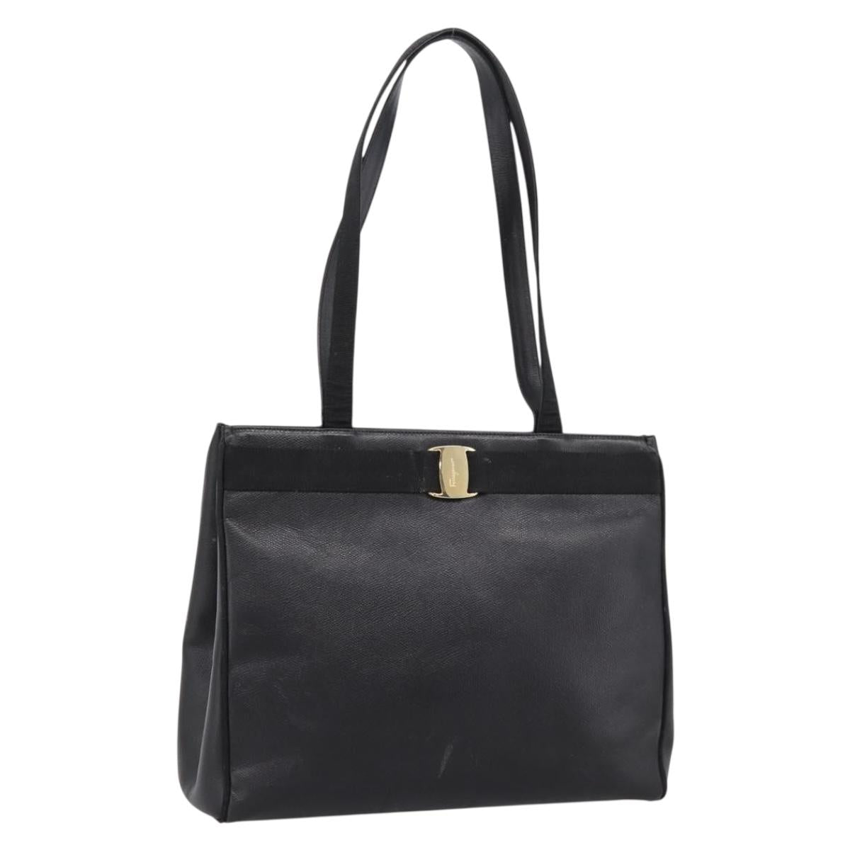 Salvatore Ferragamo Vala Tote Bag Leather Black Gold Auth 196268