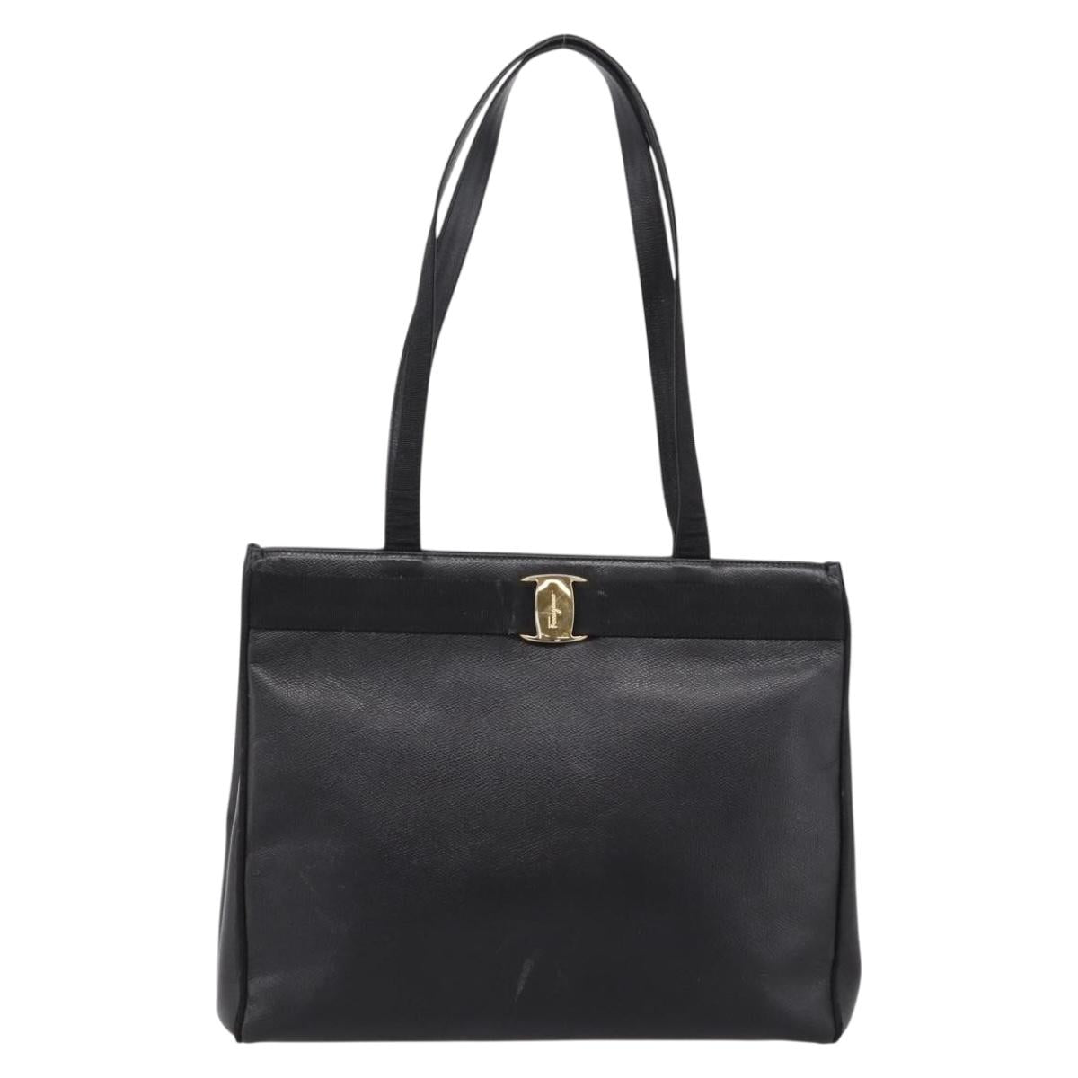 Salvatore Ferragamo Vala Tote Bag Leather Black Gold Auth 196268