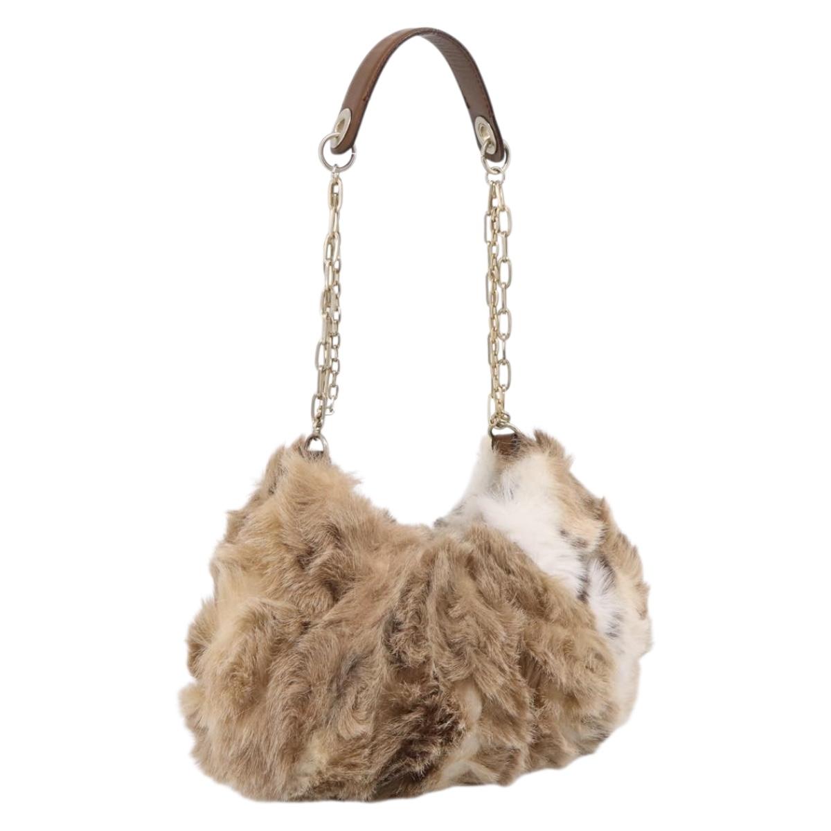 BURBERRY Chain Shoulder Bag Fur Beige Gold Auth 196269A