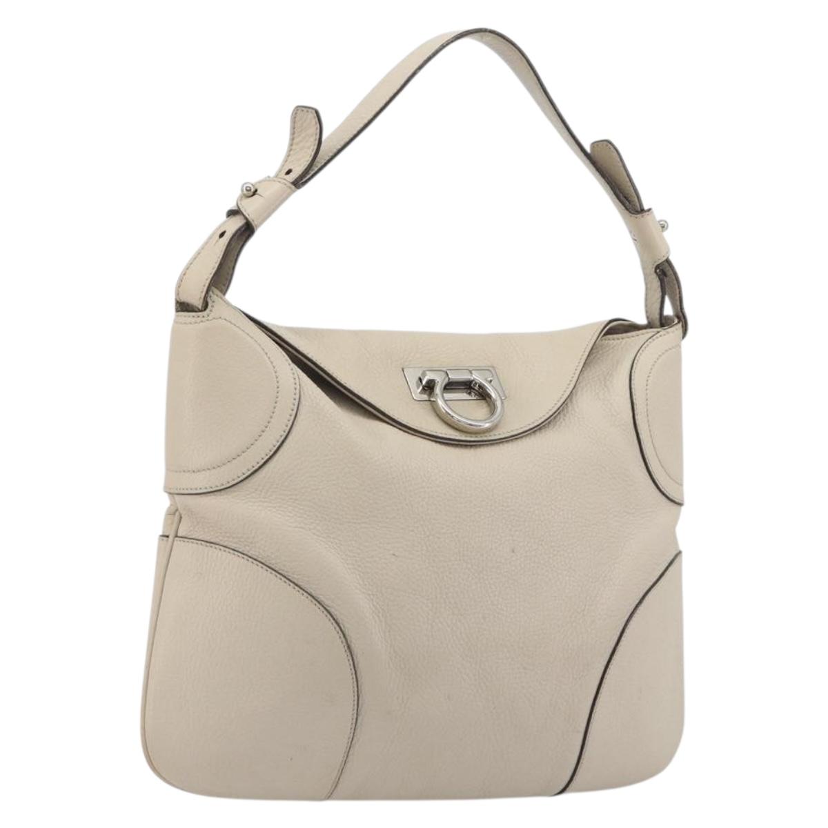 Salvatore Ferragamo Gancini Shoulder Bag Leather Ivory Silver Auth 196279
