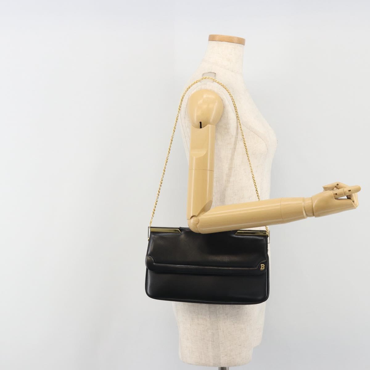 BALLY Chain Shoulder Bag Leather Black Gold Auth 196292
