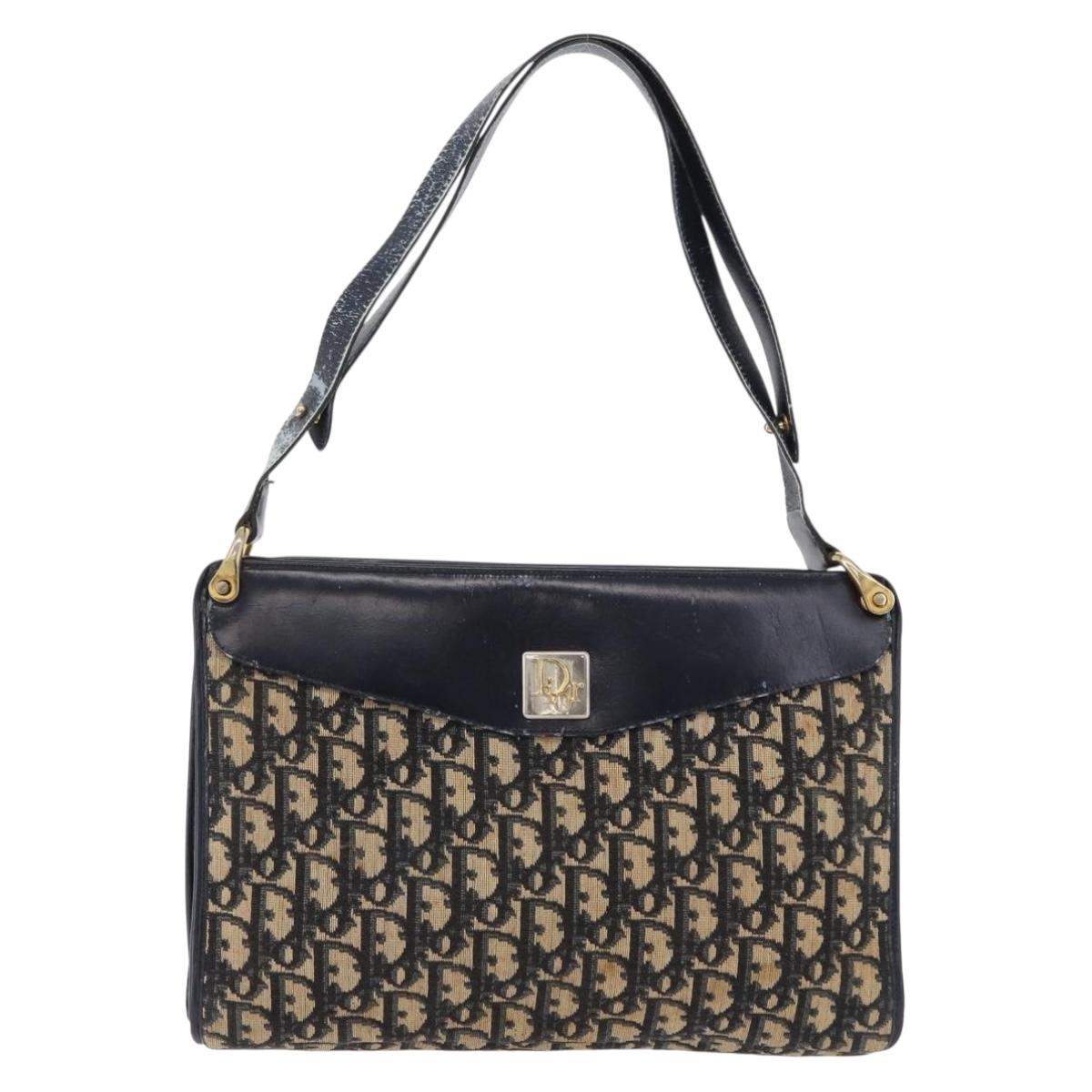 Christian Dior Trotter Canvas Shoulder Bag Navy Gold Auth 196302