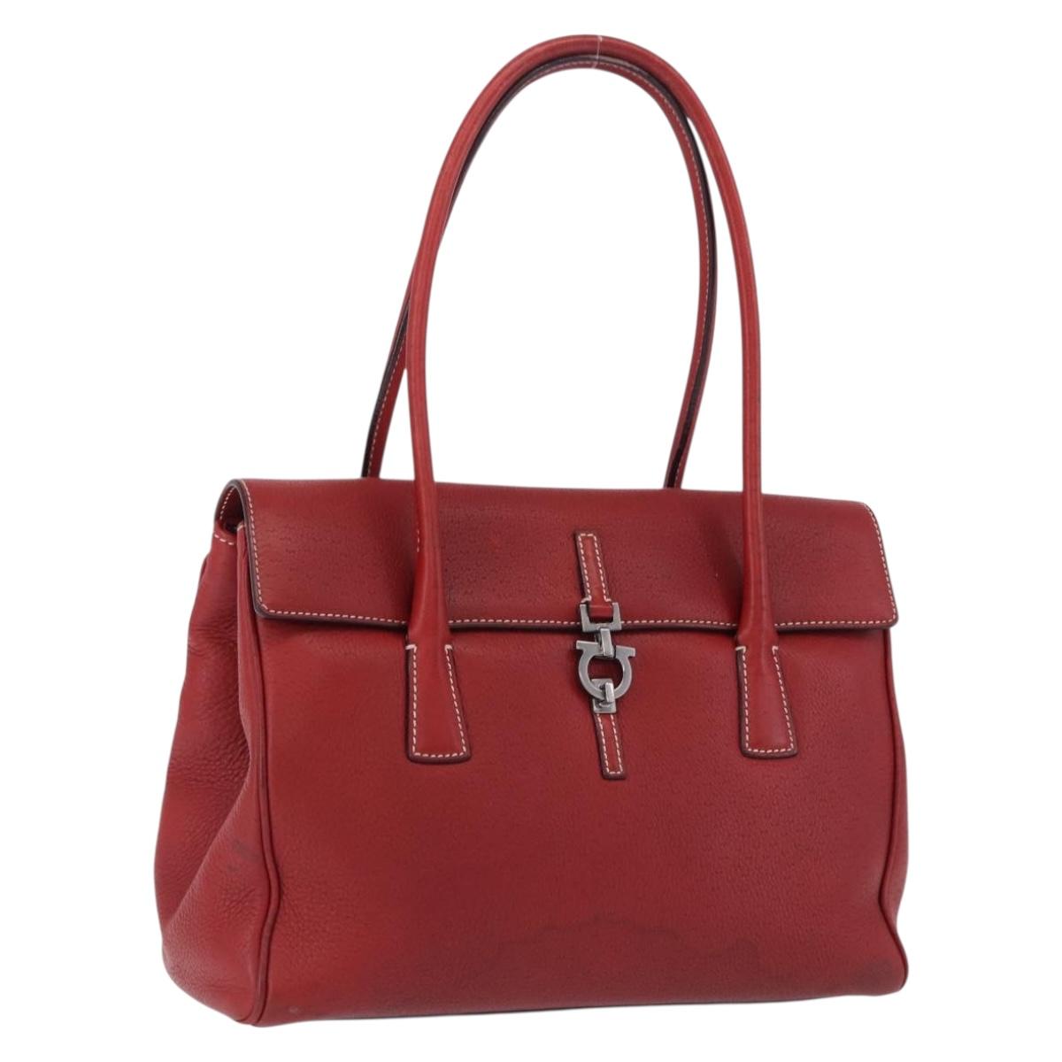 Salvatore Ferragamo Gancini Hand Bag Leather Red Silver Auth 196333