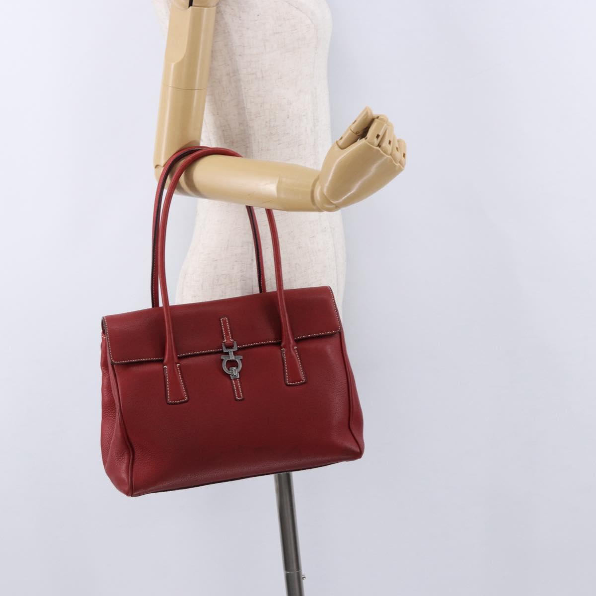 Salvatore Ferragamo Gancini Hand Bag Leather Red Silver Auth 196333
