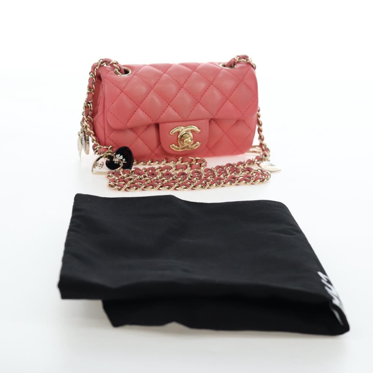 CHANEL Mini Matelasse 14 Valentine Chain Bag Lamb Skin Pink CC Auth 196341SAM