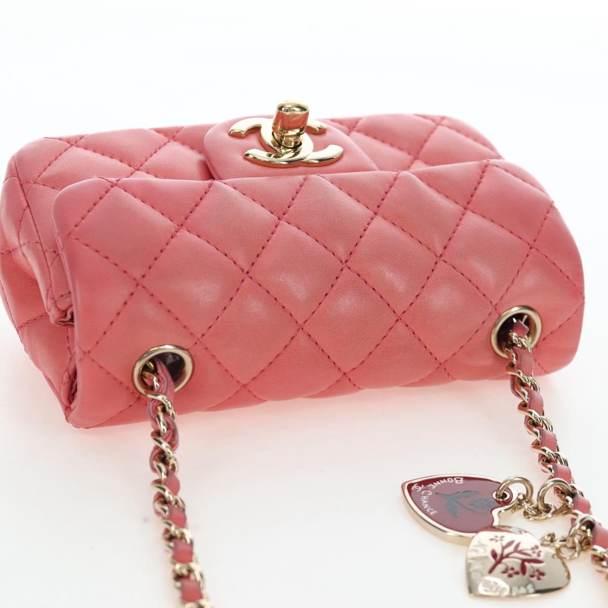 CHANEL Mini Matelasse 14 Valentine Chain Bag Lamb Skin Pink CC Auth 196341SAM