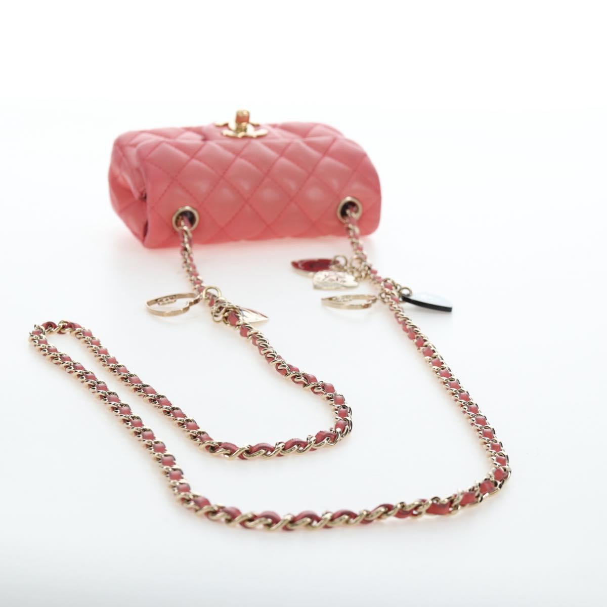 CHANEL Mini Matelasse 14 Valentine Chain Bag Lamb Skin Pink CC Auth 196341SAM
