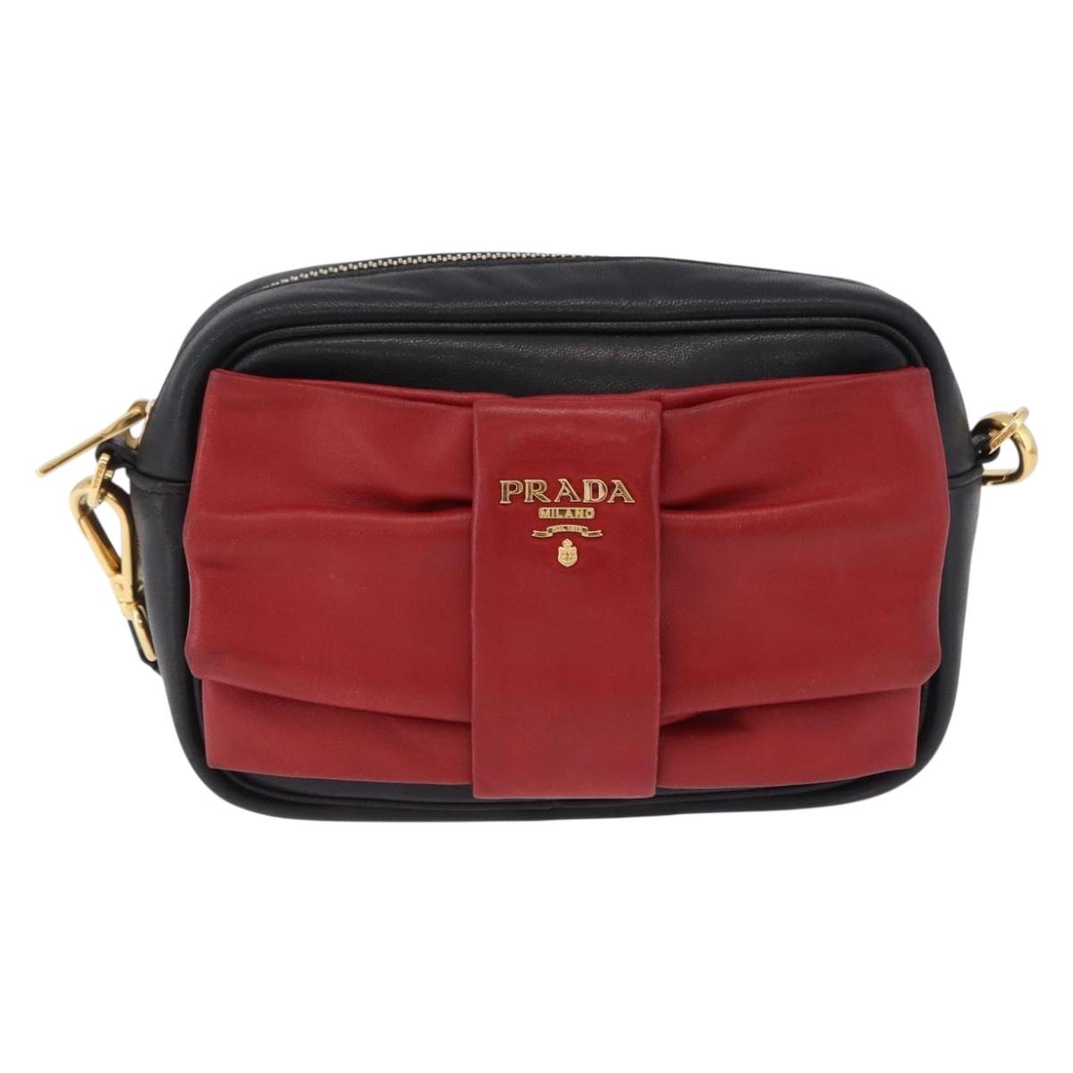 PRADA Ribbon Shoulder Bag Leather Black Gold Auth 196349A