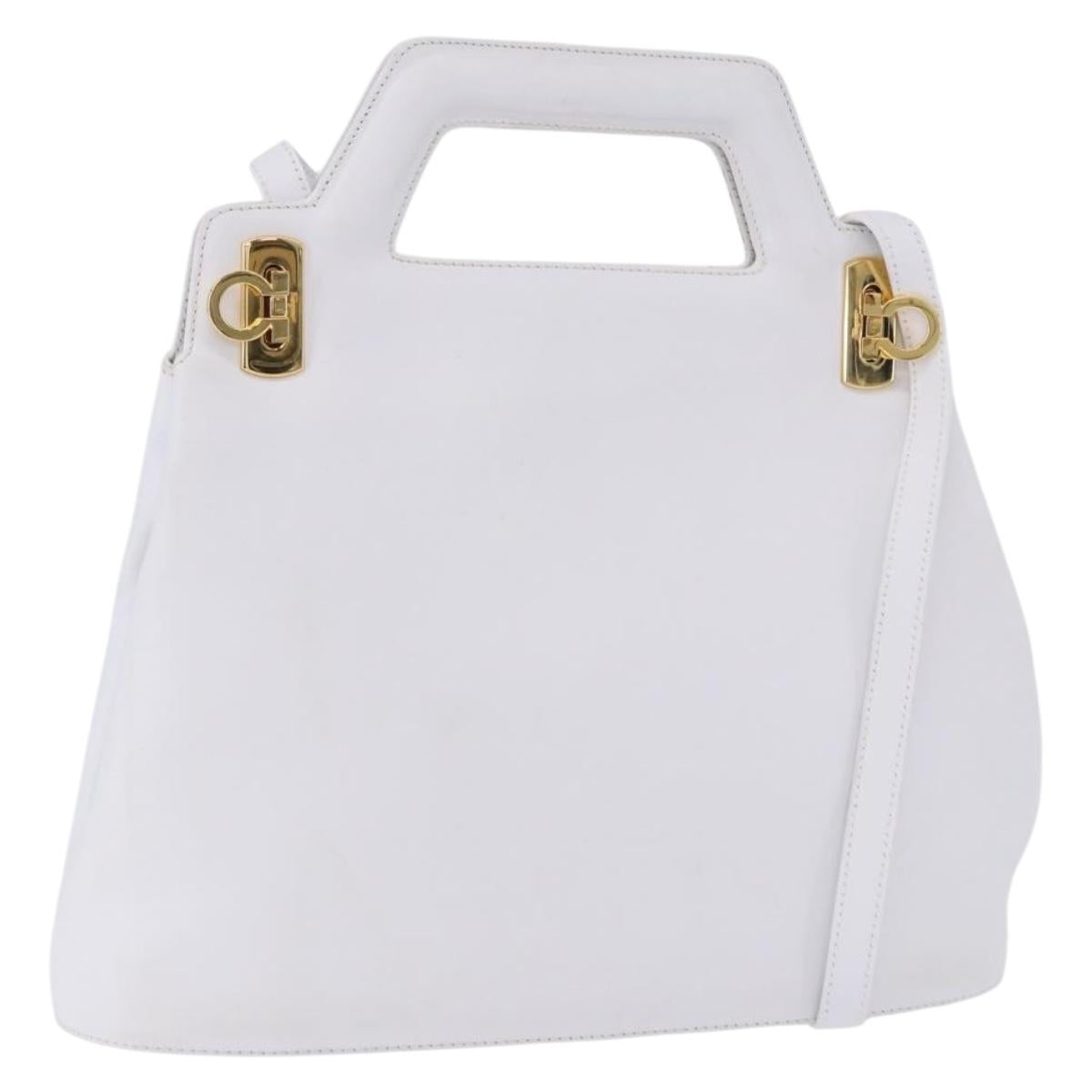 Salvatore Ferragamo Gancini Hand Bag Leather 2way White Gold Auth 196350
