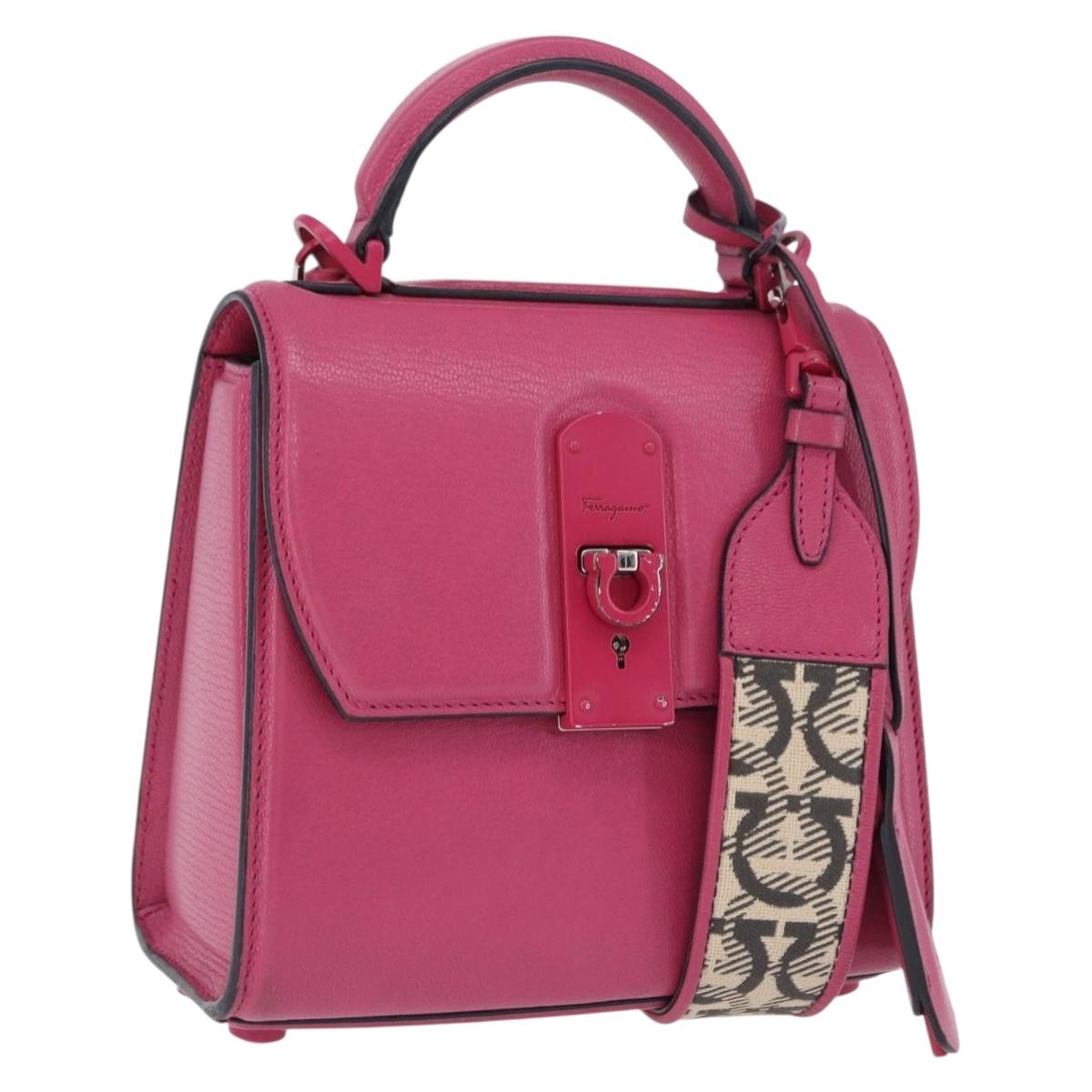 Salvatore Ferragamo Gancini Hand Bag Leather 2way Pink Silver Auth 196358A