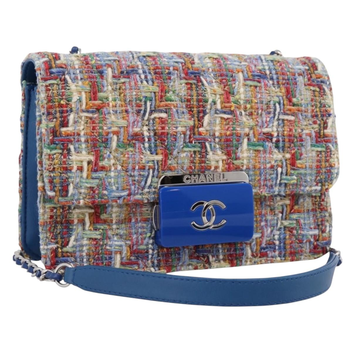 CHANEL Chain Shoulder Bag Tweed Multicolor Silver CC Auth 196363SM