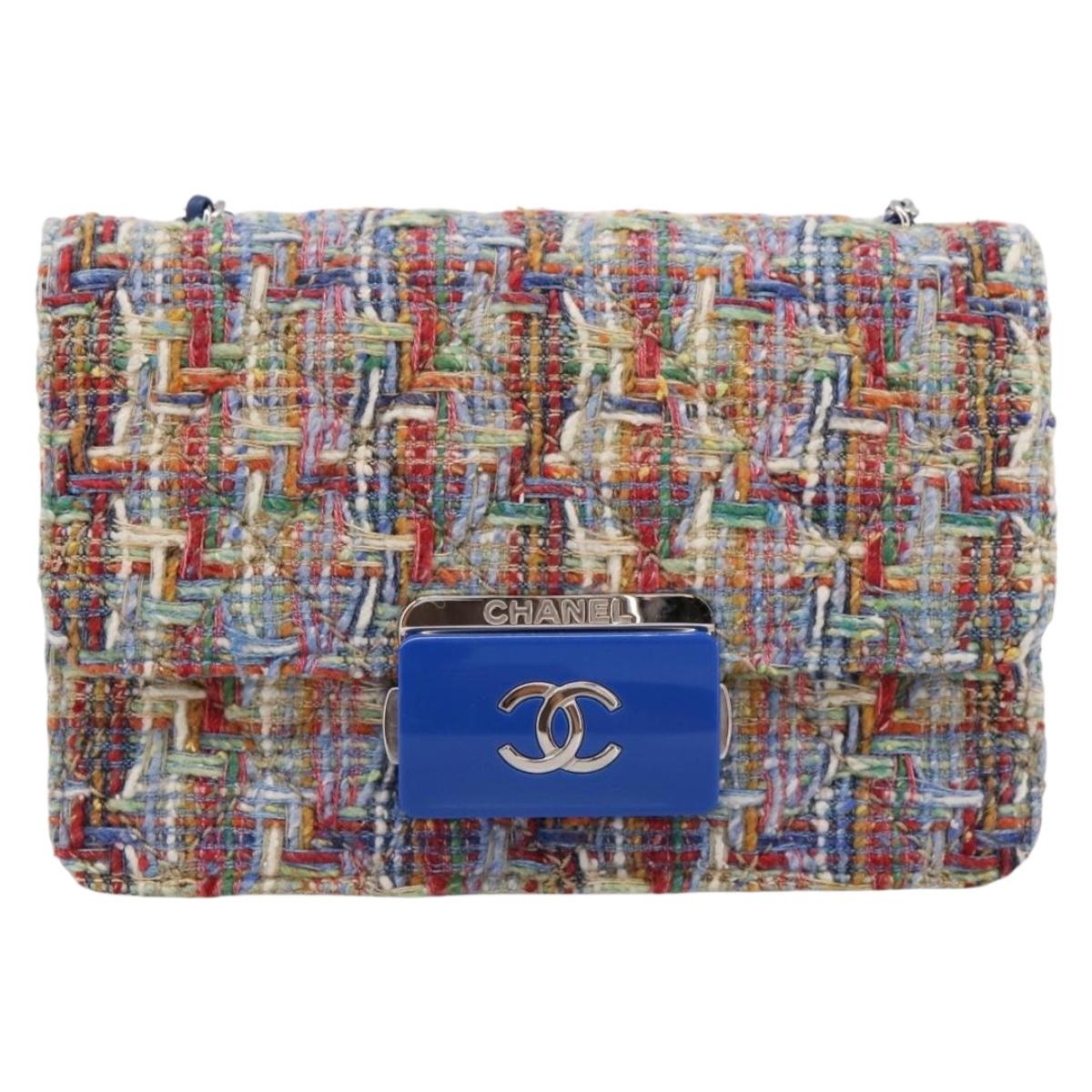 CHANEL Chain Shoulder Bag Tweed Multicolor Silver CC Auth 196363SM