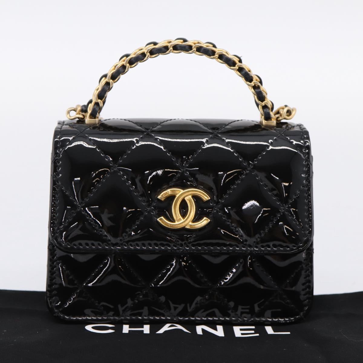 CHANEL Matelasse Hand Bag Patent Leather 2way Black Gold CC Auth 196372SAM