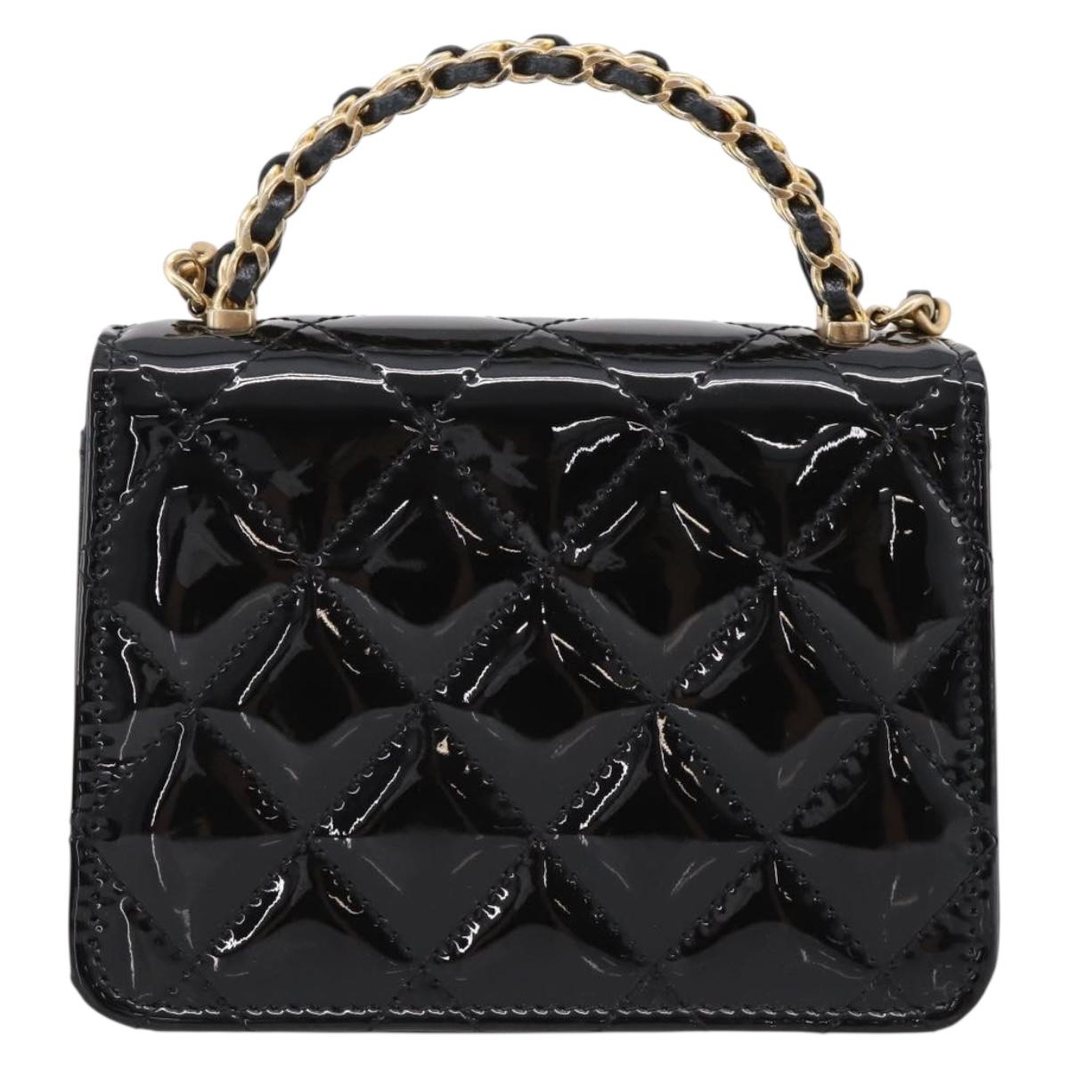 CHANEL Matelasse Hand Bag Patent Leather 2way Black Gold CC Auth 196372SAM