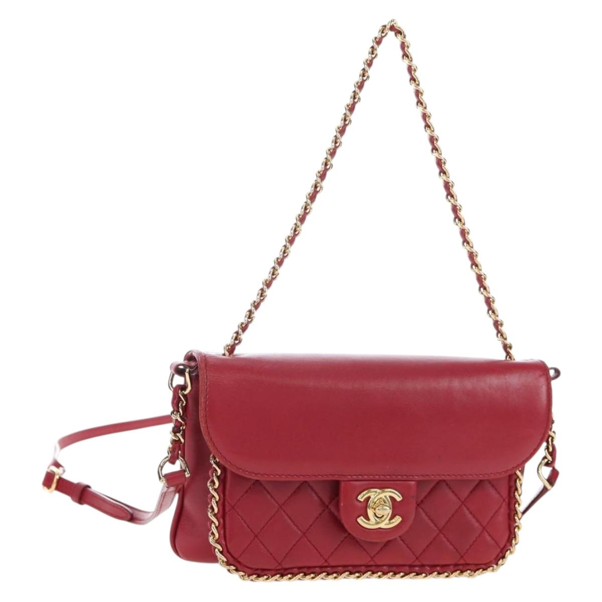 CHANEL Mini Matelasse 20 Chain Bag Lamb Skin 2way Red Gold CC Auth 196377M