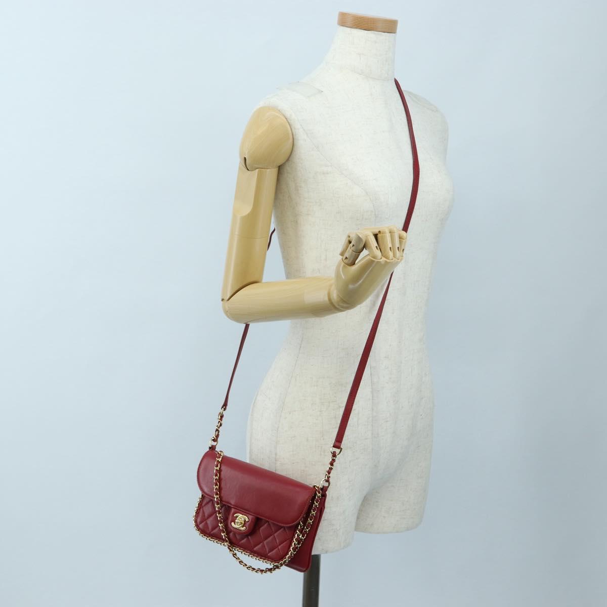 CHANEL Mini Matelasse 20 Chain Bag Lamb Skin 2way Red Gold CC Auth 196377M