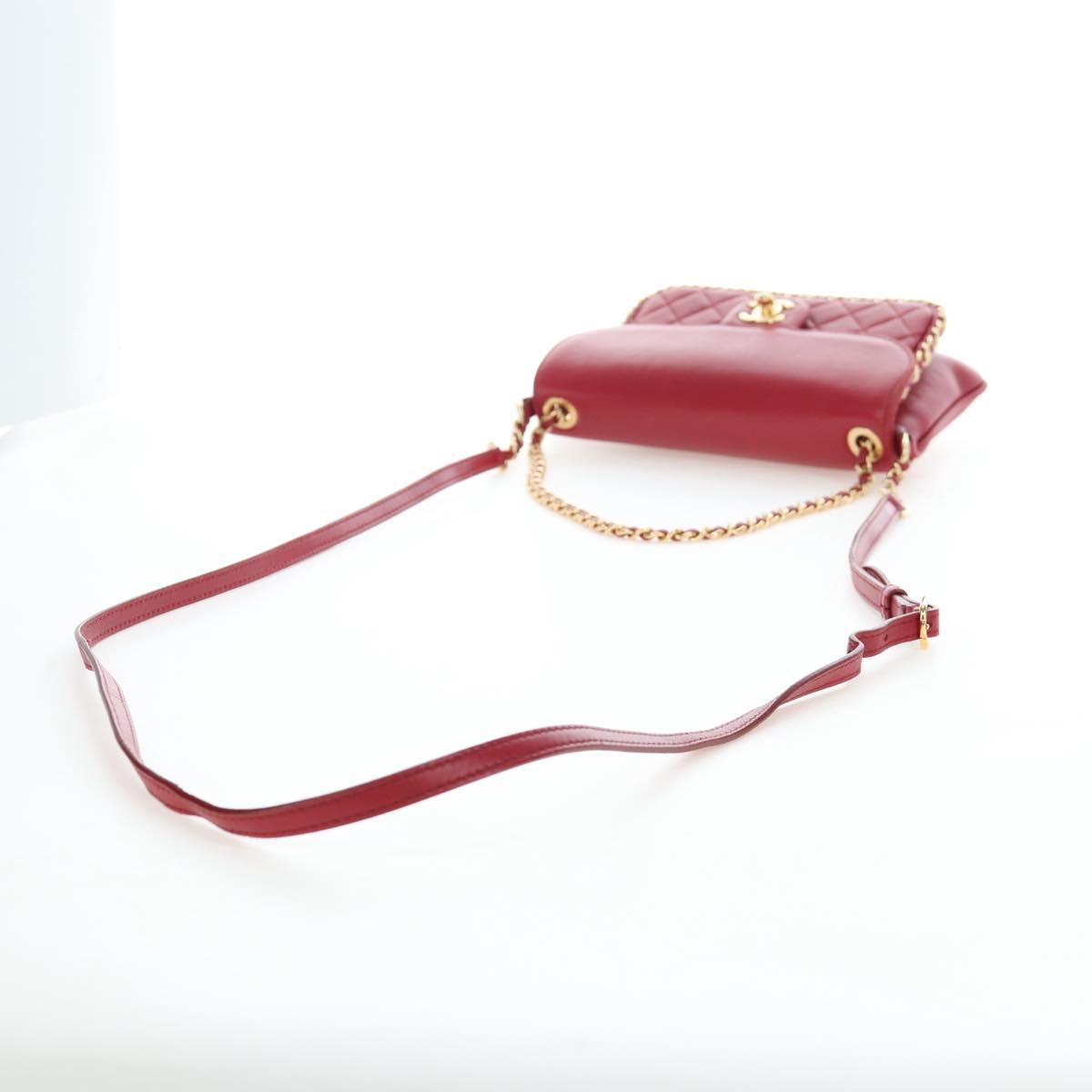 CHANEL Mini Matelasse 20 Chain Bag Lamb Skin 2way Red Gold CC Auth 196377M