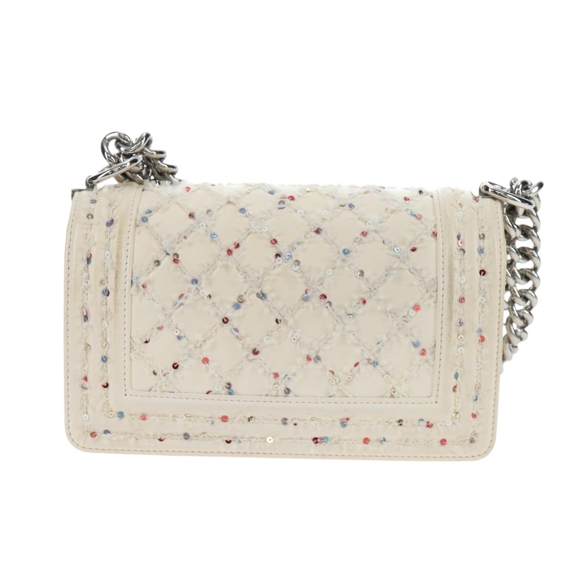 CHANEL Matelasse Boy Chanel Chain Bag Leather White Silver CC Auth 196378M