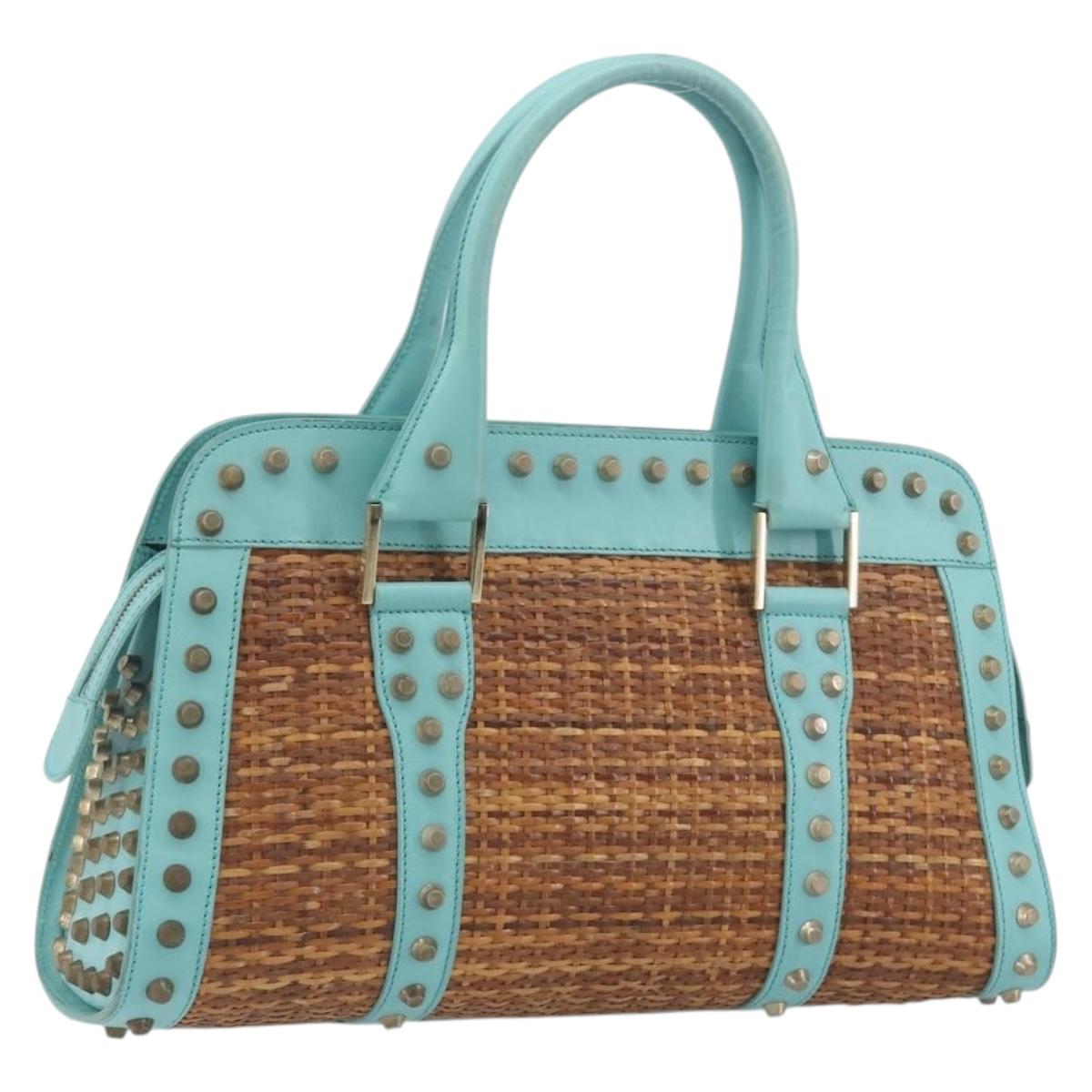 FENDI Hand Bag Raffia Mint Green Gold Auth 196379A