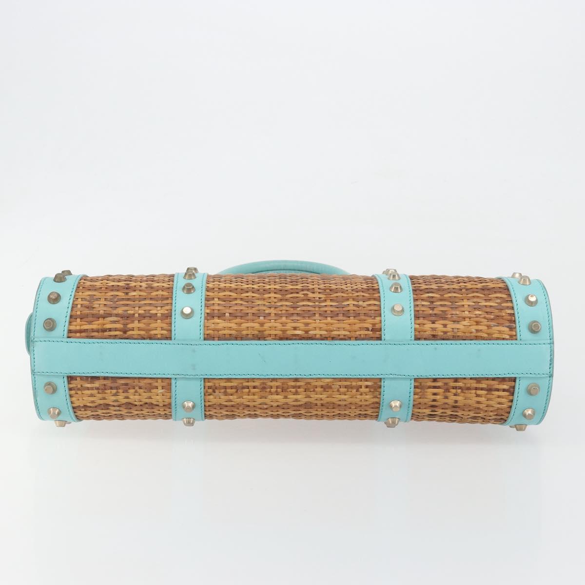 FENDI Hand Bag Raffia Mint Green Gold Auth 196379A