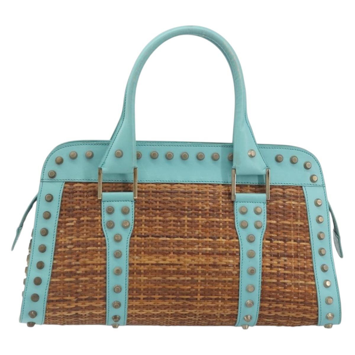 FENDI Hand Bag Raffia Mint Green Gold Auth 196379A