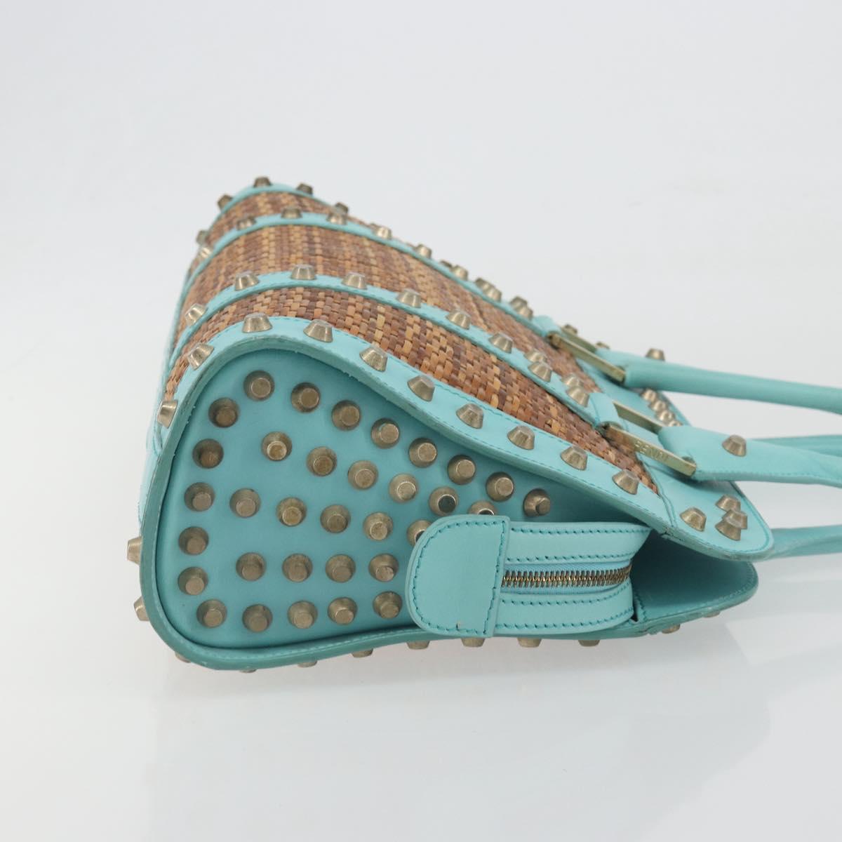 FENDI Hand Bag Raffia Mint Green Gold Auth 196379A