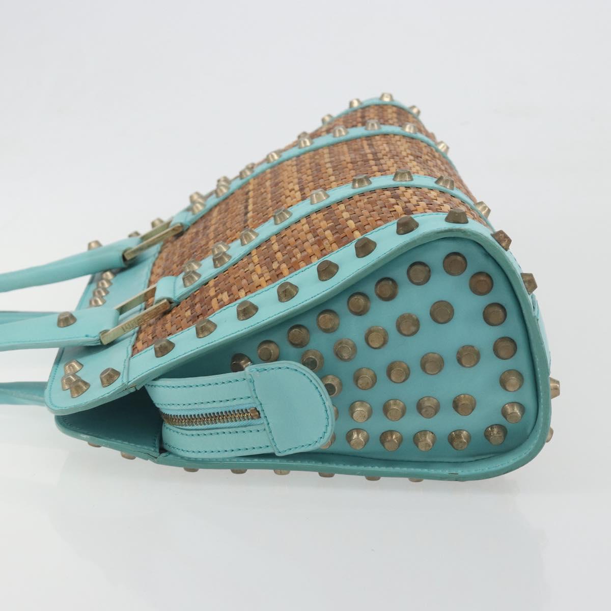 FENDI Hand Bag Raffia Mint Green Gold Auth 196379A