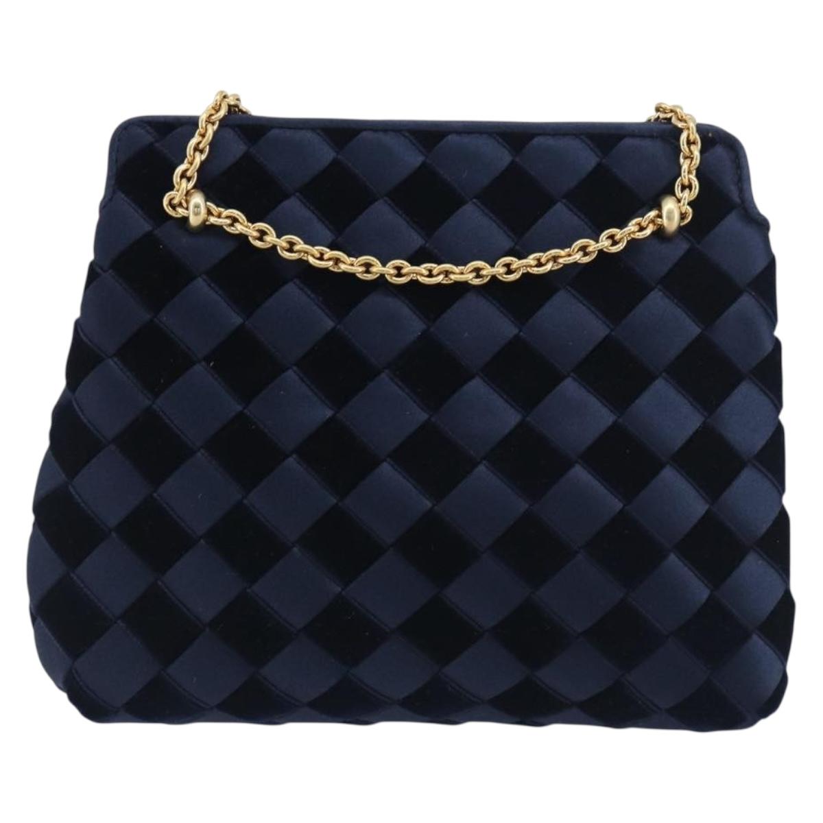 BOTTEGA VENETA INTRECCIATO Chain Bag Satin Velour Navy Gold Auth 196390A