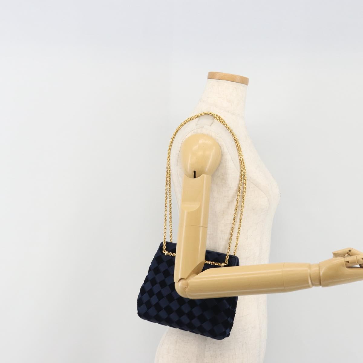 BOTTEGA VENETA INTRECCIATO Chain Bag Satin Velour Navy Gold Auth 196390A