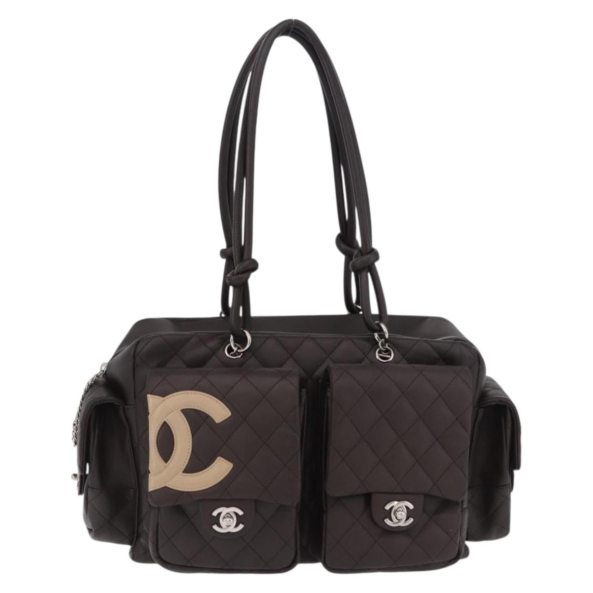 CHANEL Cambon Line Matelasse Hand Bag Leather Brown Silver CC Auth 196397SAV