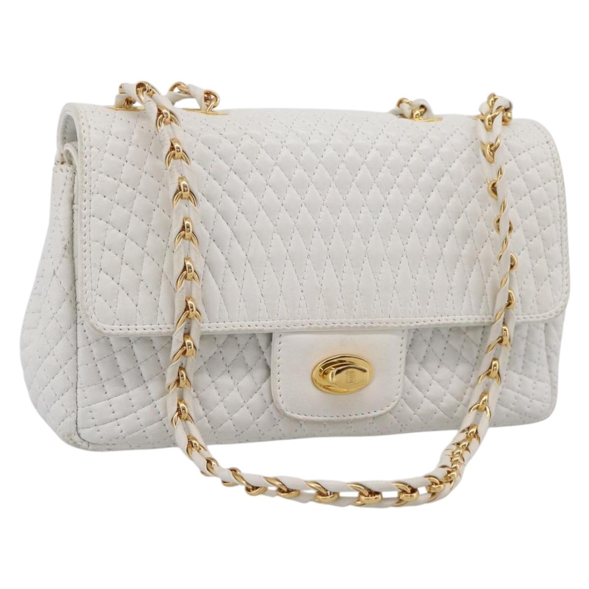 BALLY Chain Shoulder Bag Leather White Gold Tone Auth 196398