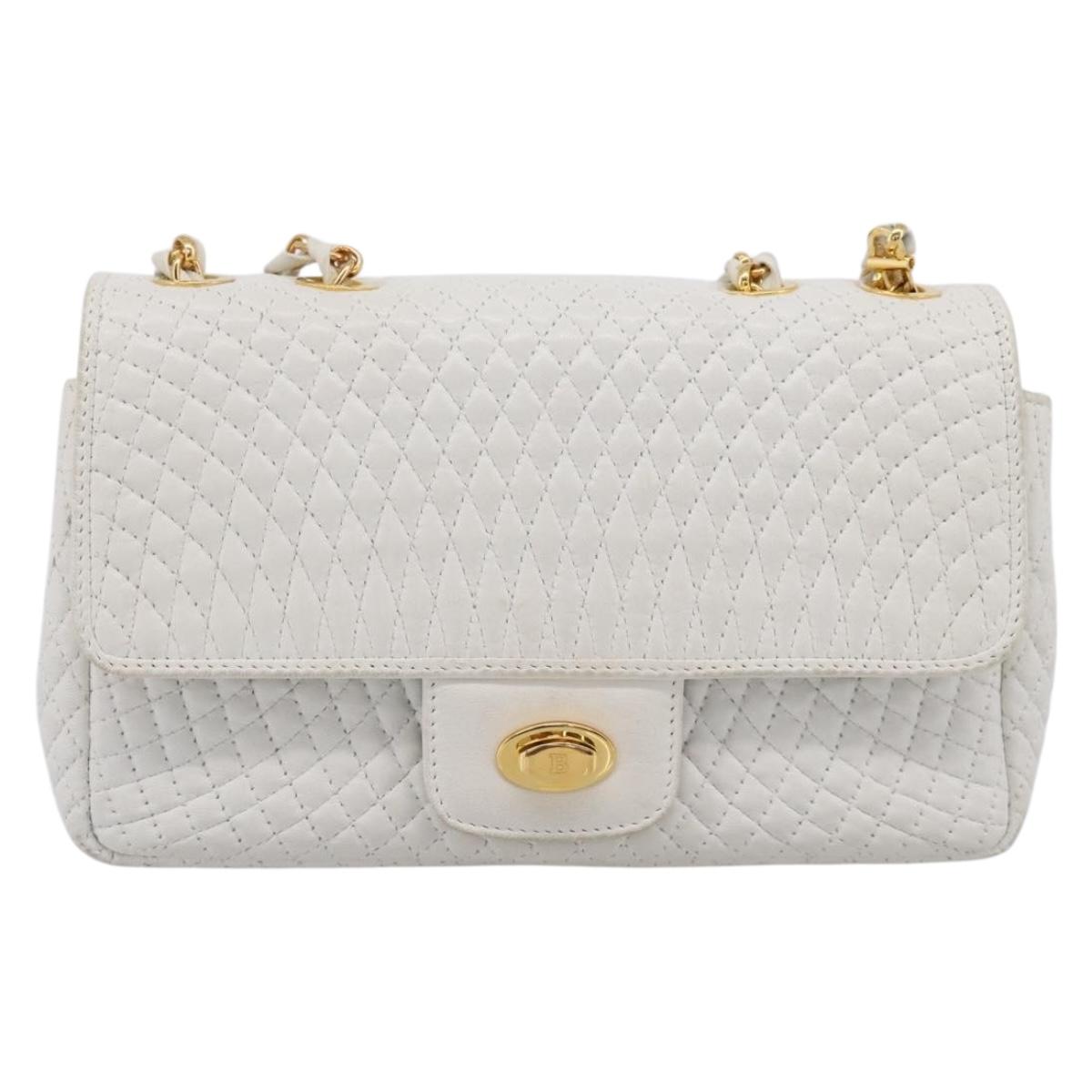 BALLY Chain Shoulder Bag Leather White Gold Tone Auth 196398