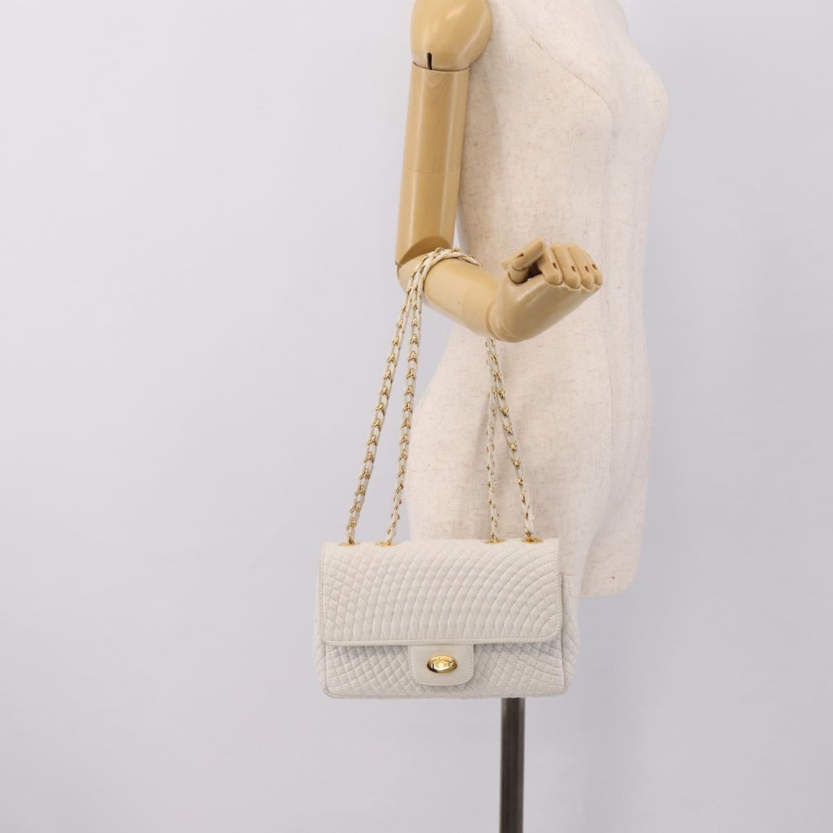 BALLY Chain Shoulder Bag Leather White Gold Tone Auth 196398