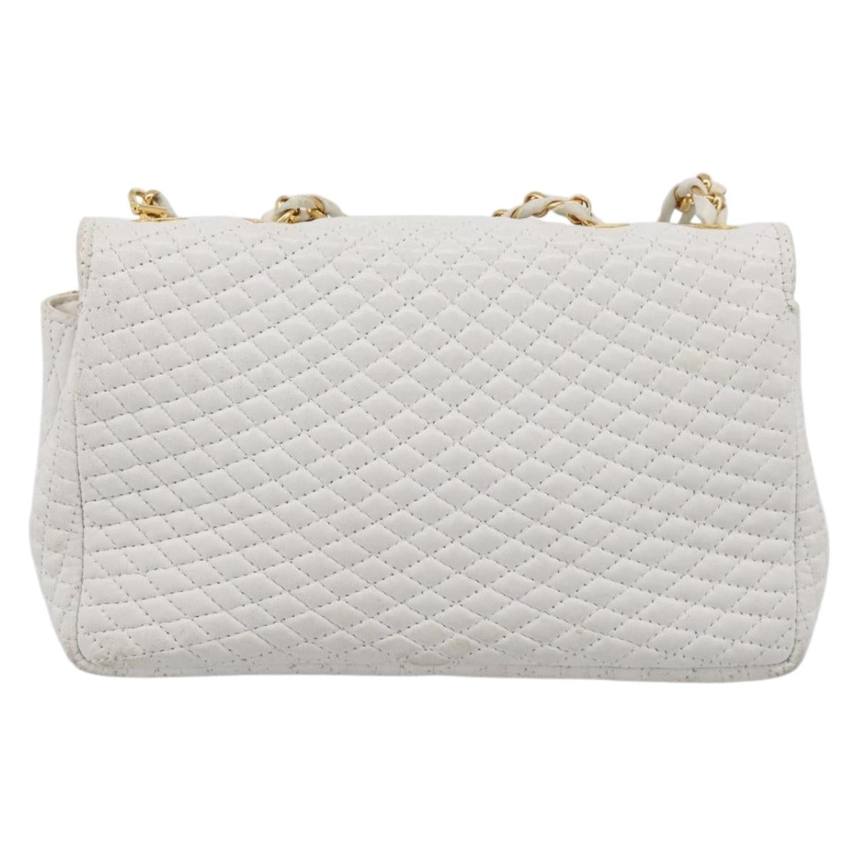 BALLY Chain Shoulder Bag Leather White Gold Tone Auth 196398