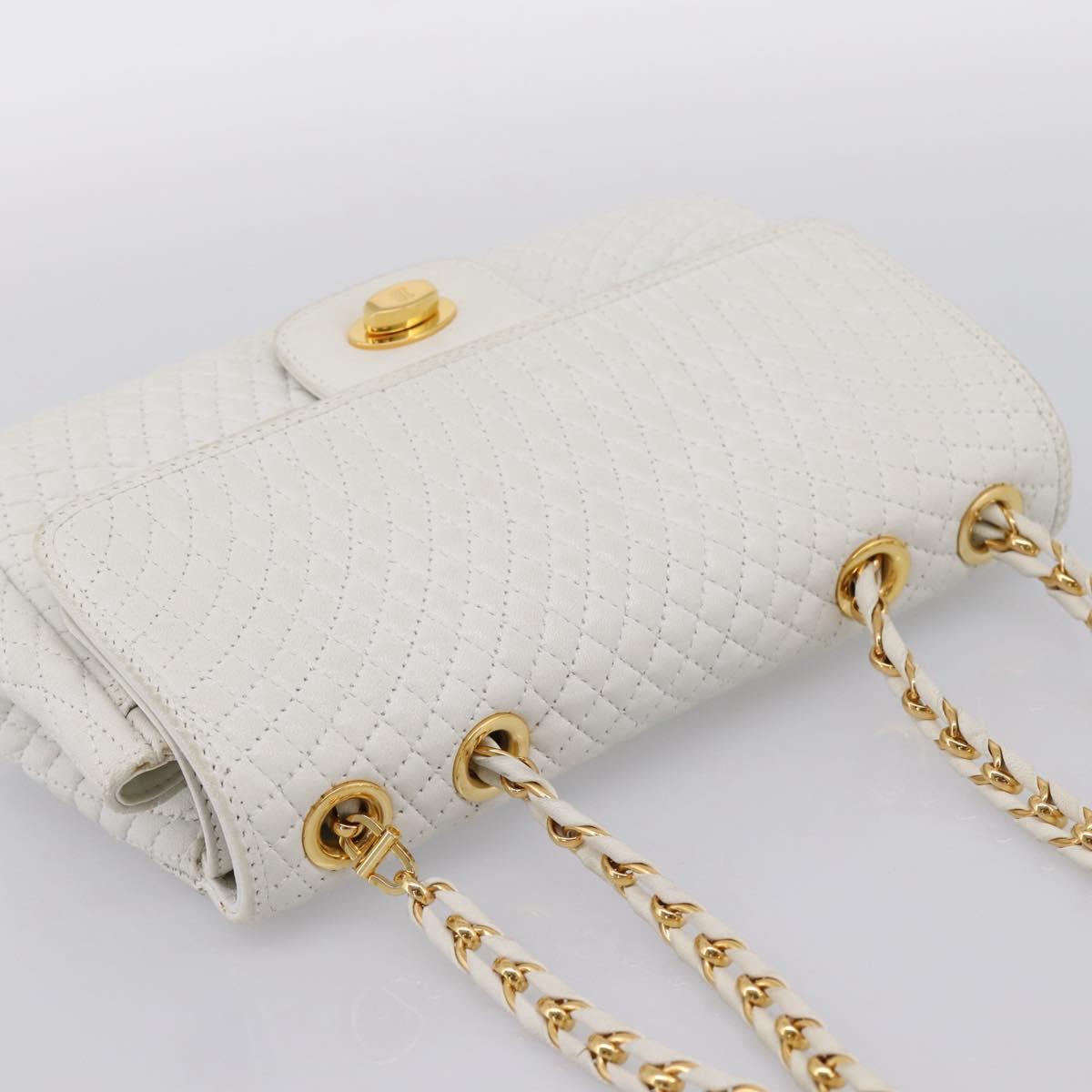 BALLY Chain Shoulder Bag Leather White Gold Tone Auth 196398