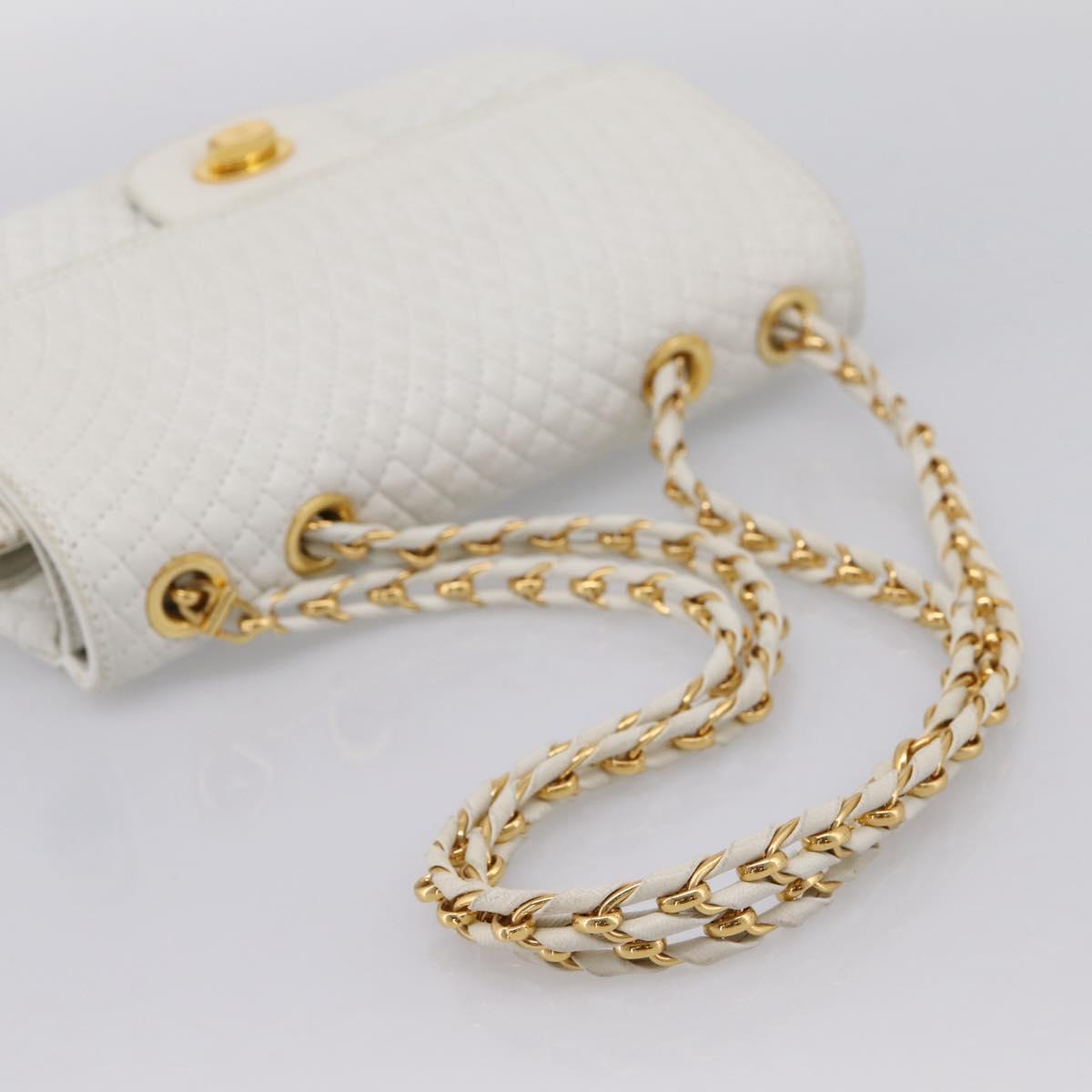 BALLY Chain Shoulder Bag Leather White Gold Tone Auth 196398