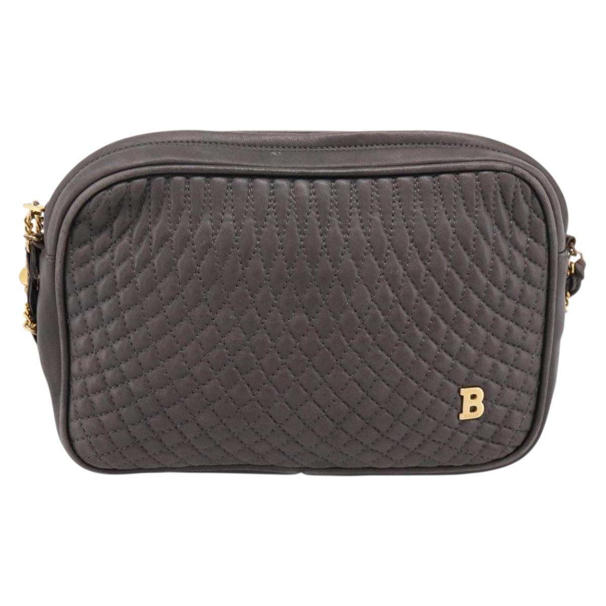 BALLY Chain Shoulder Bag Leather Gray Gold Tone Auth 196399A