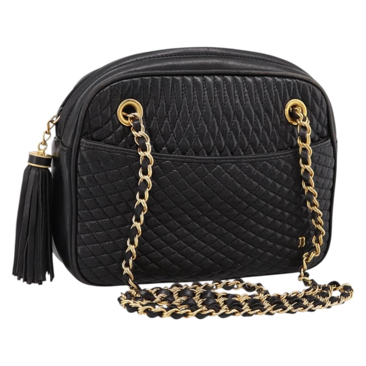 BALLY Chain Shoulder Bag Leather Black Gold Tone Auth 196400A
