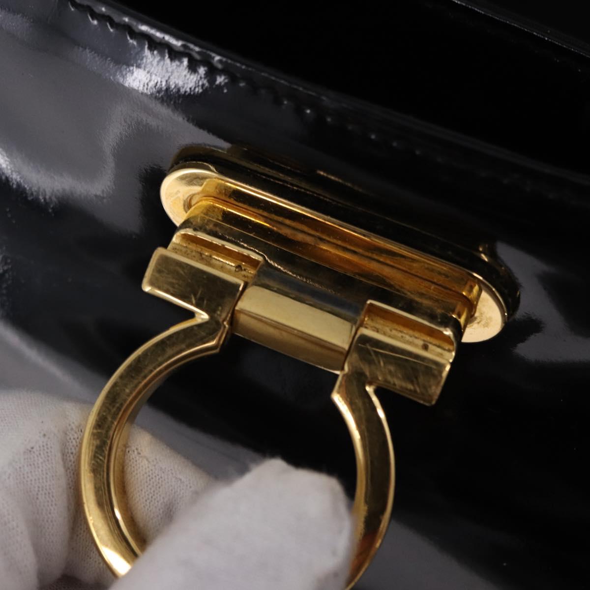 Salvatore Ferragamo Hand Bag Patent 2way Black Gold Tone Auth 196403