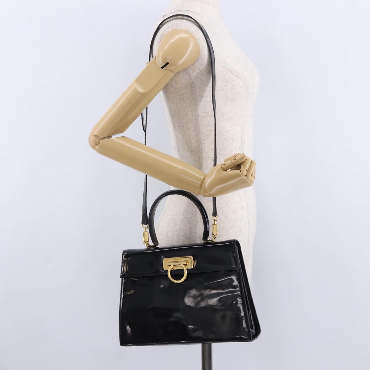 Salvatore Ferragamo Hand Bag Patent 2way Black Gold Tone Auth 196403