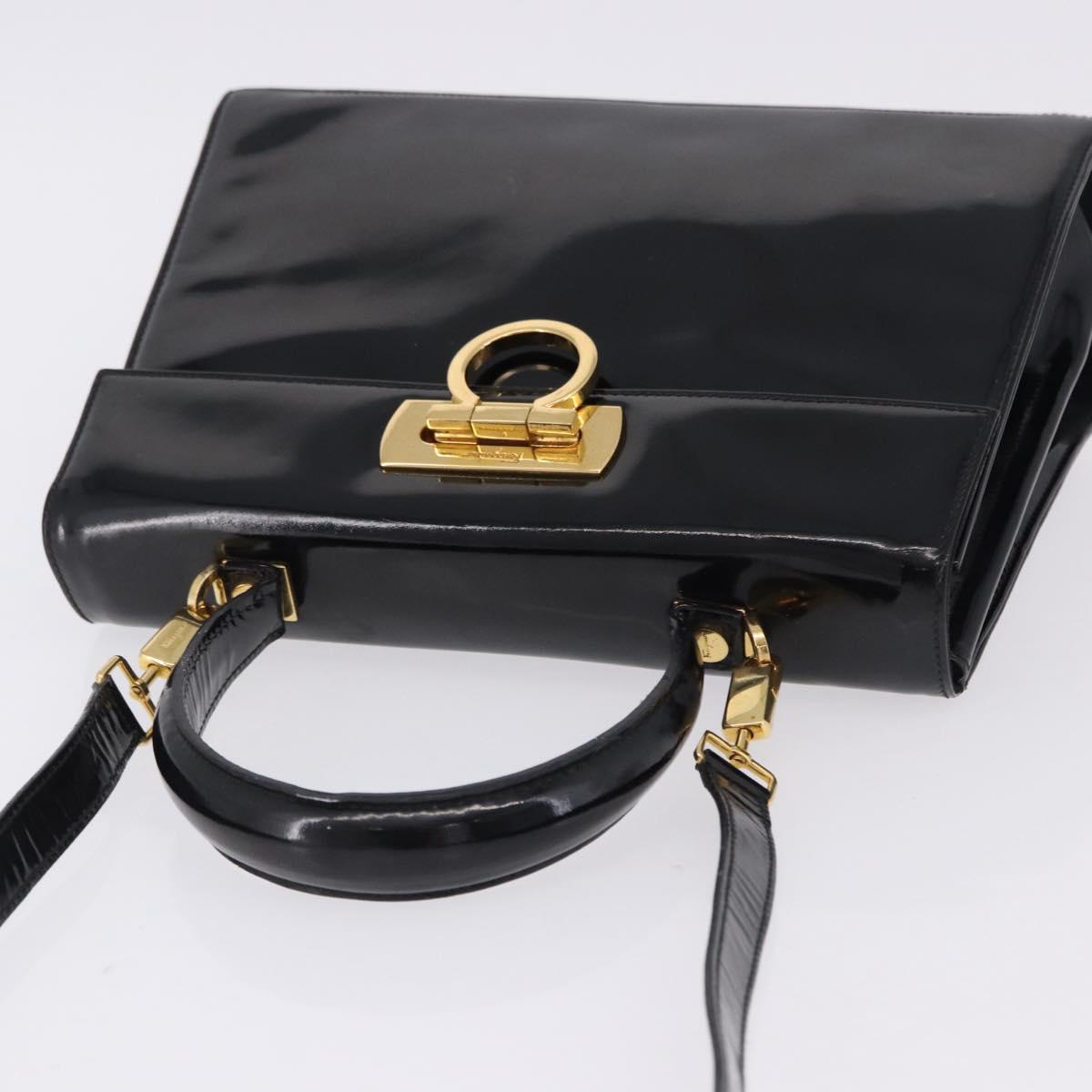 Salvatore Ferragamo Hand Bag Patent 2way Black Gold Tone Auth 196403