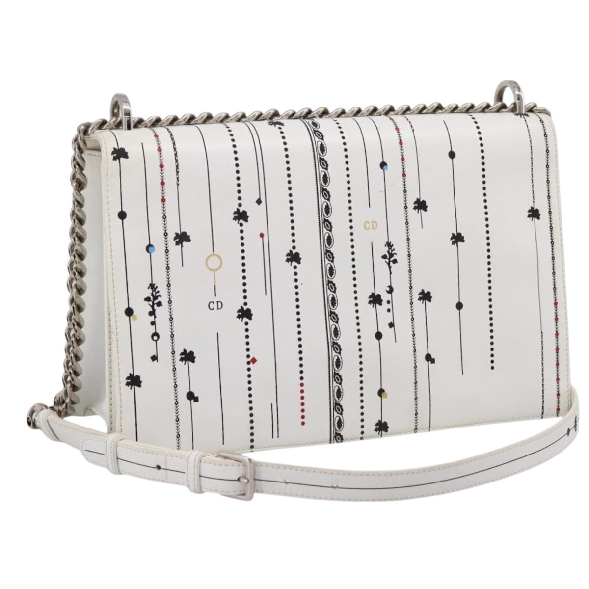 Christian Dior Diorama Chain Shoulder Bag Leather White Silver Auth 196404A