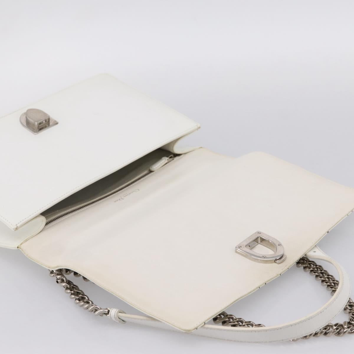Christian Dior Diorama Chain Shoulder Bag Leather White Silver Auth 196404A