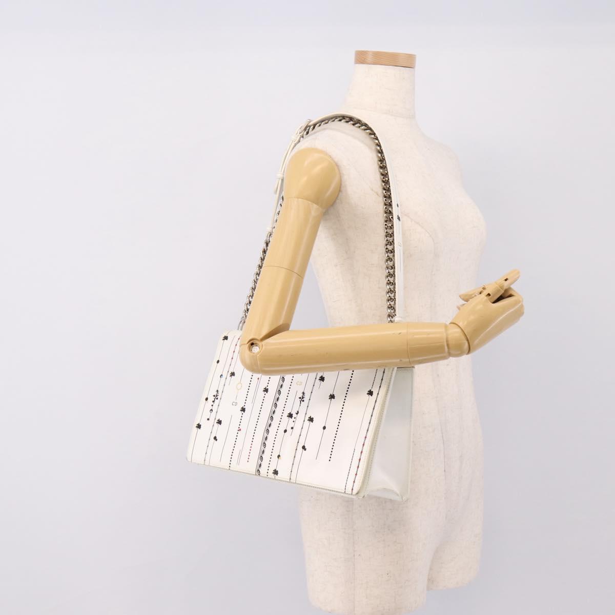 Christian Dior Diorama Chain Shoulder Bag Leather White Silver Auth 196404A
