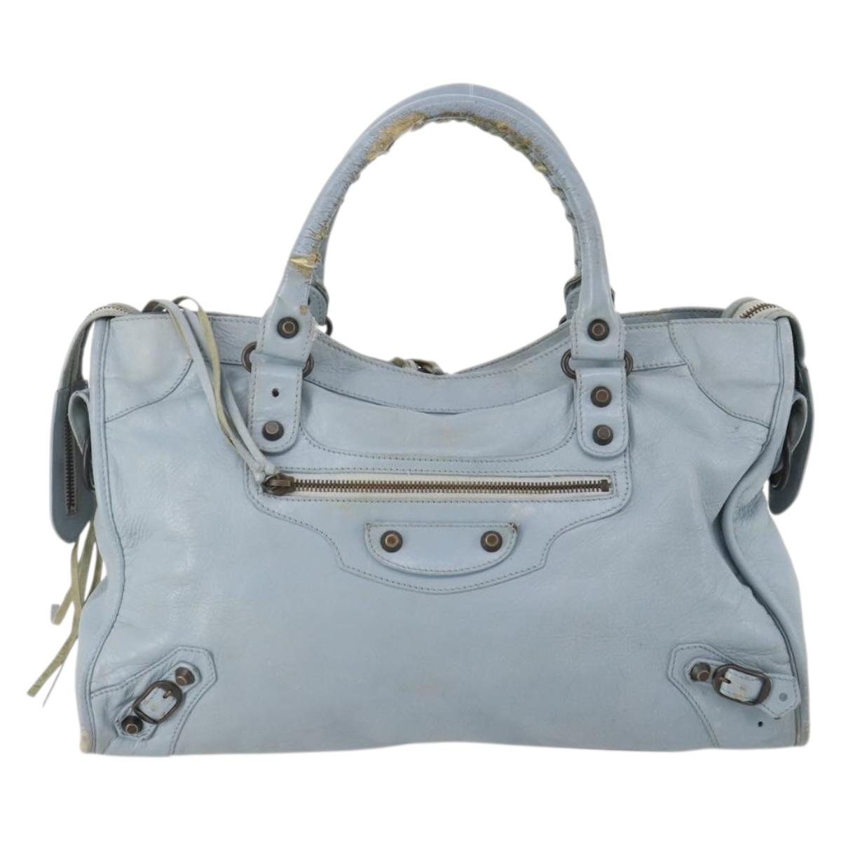 BALENCIAGA The City Hand Bag Leather 2way Light Blue Gold 115478 Auth 196406